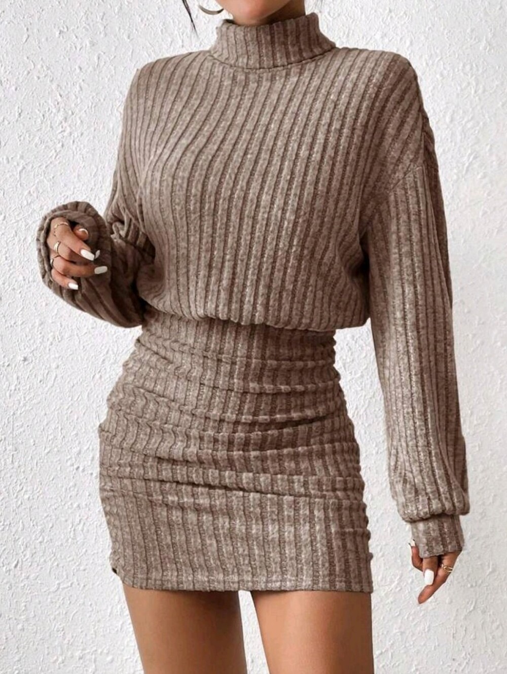 Ribbed Knit Turtleneck Mini Dress - Brown